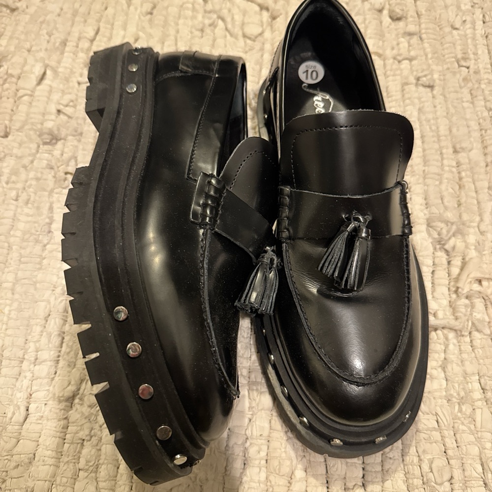 Free People Black Loafers with Tassel and Stud Detail
